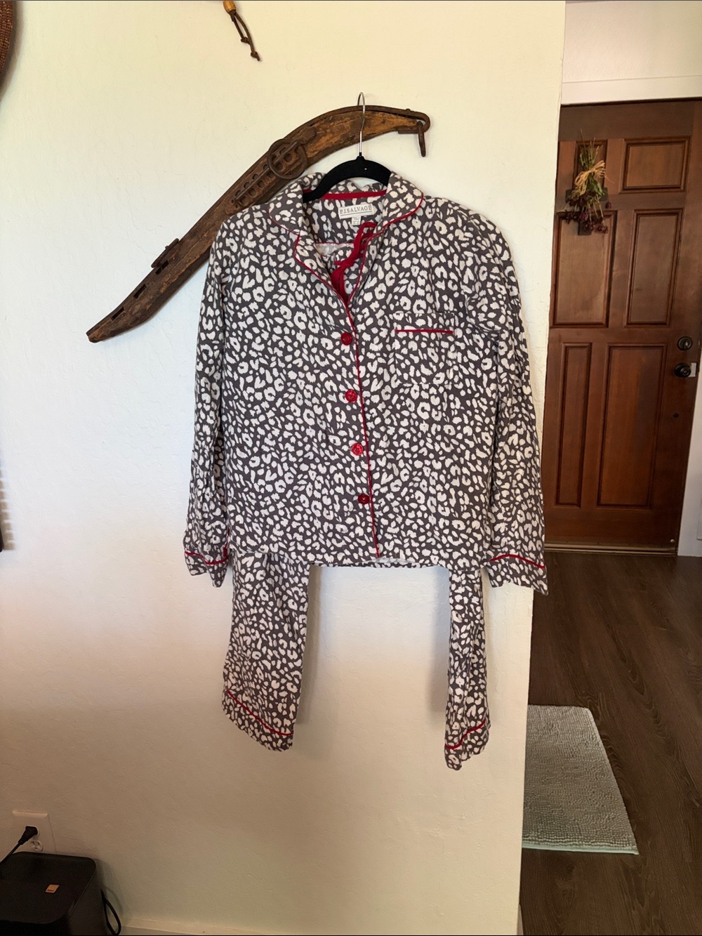 PJ Salvage Gray & White Leopard Satin Pajama Set with Red Trim